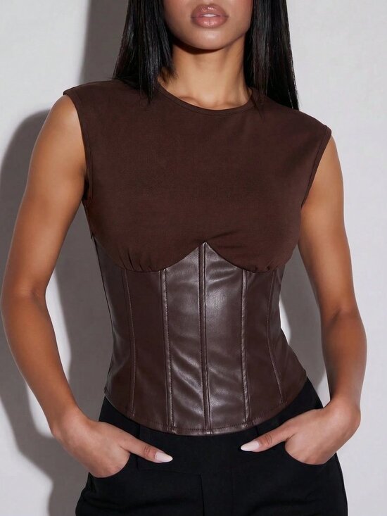 Tops - Brown Casual Women's Streetwear Sexy Patchwork Top